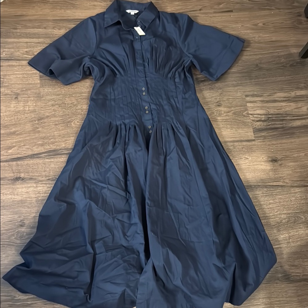 NWT! Banana Republic Navy Stretch-Cotton Poplin Pintuck Long-Midi Shirt Dress - Picture 6 of 8